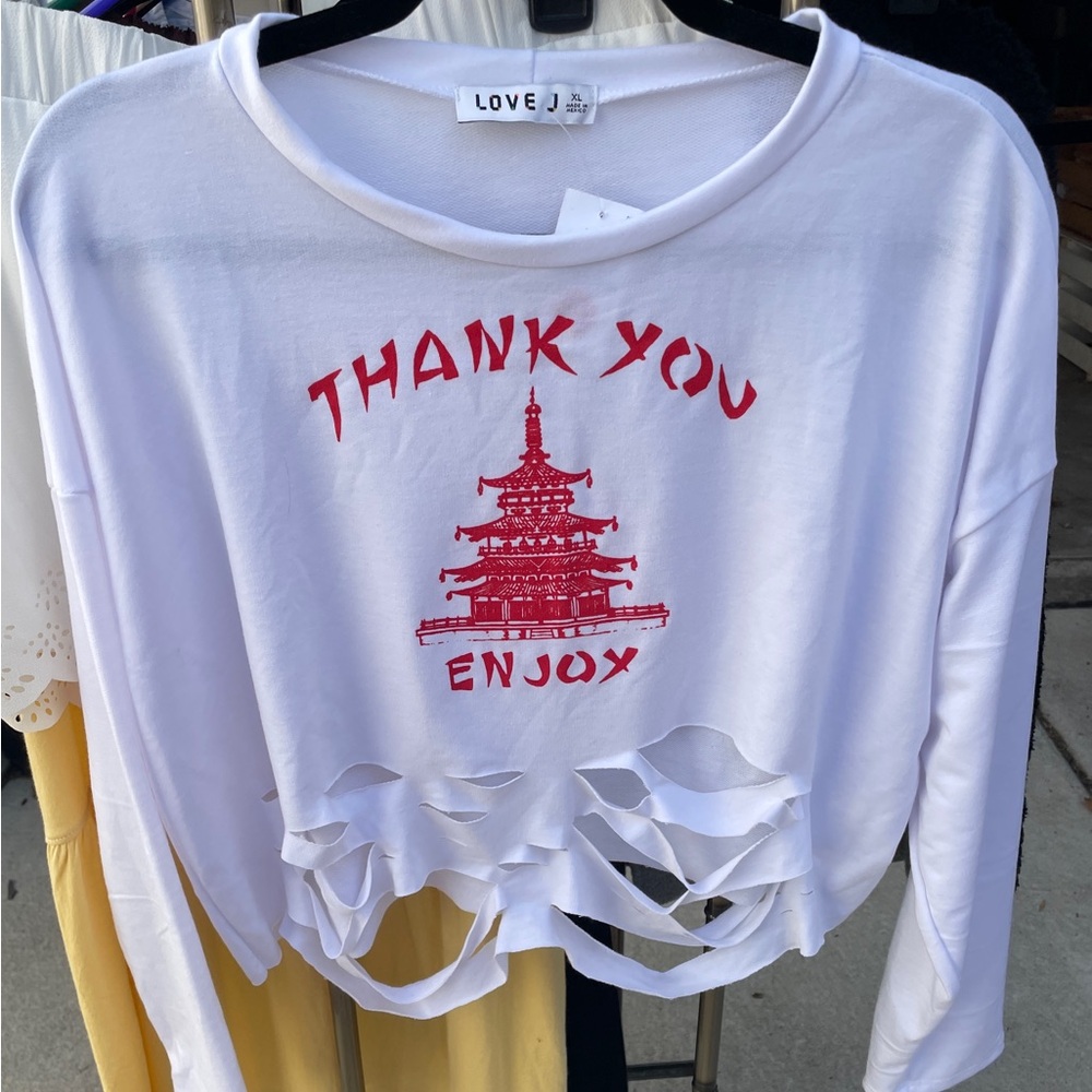 Love J White Top Chinese Takeout “Thank You” Graphic Tee and Cut-Out Design